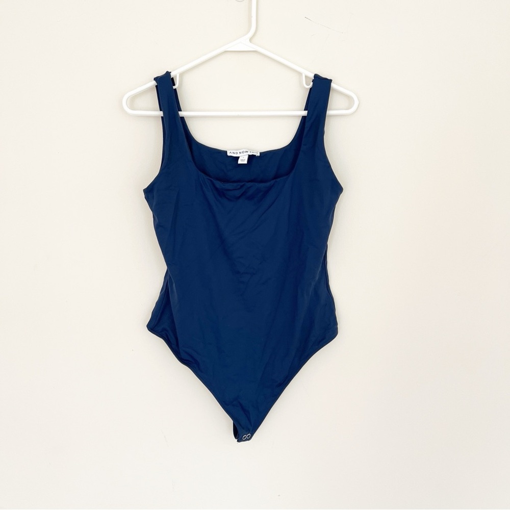 Navy Square Neck One-Piece Bodysuit Large Thong Snap Bodysuit
